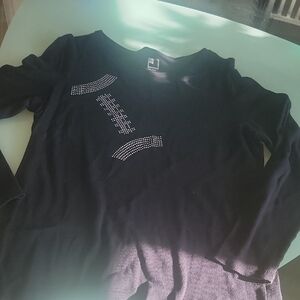 Black Long Sleeve Top with Rhinestone Design - football.